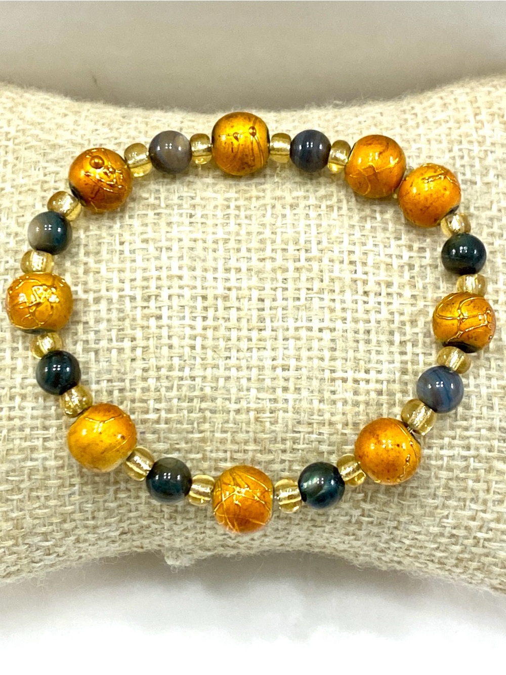 Vintage Handmade Gold Foil Murano Style Lampwork Grey Cat Eye Glass Bracelet